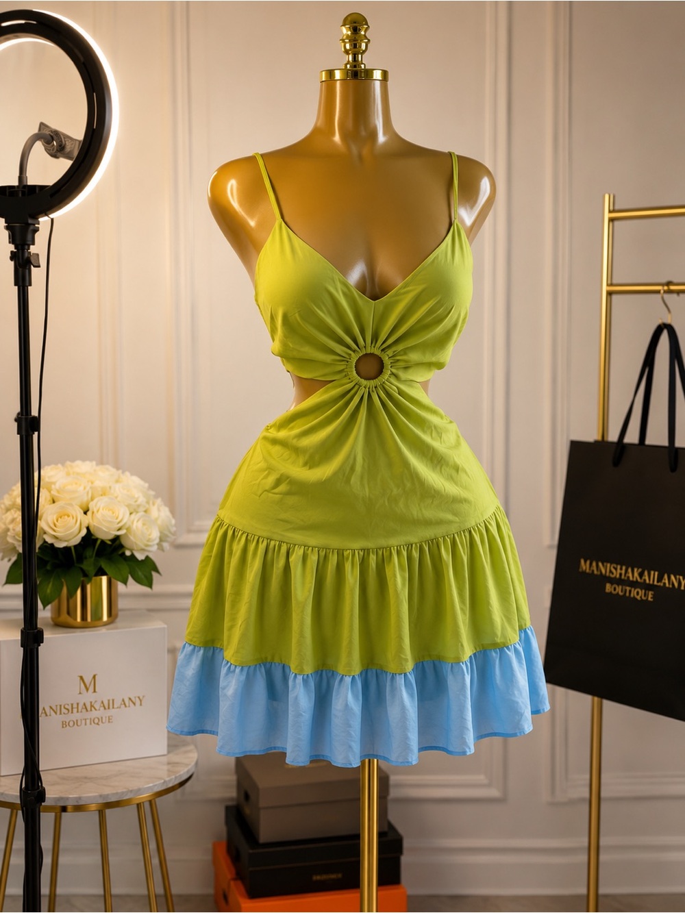 Ring-Front Lime Green & Light Blue Mini Dress